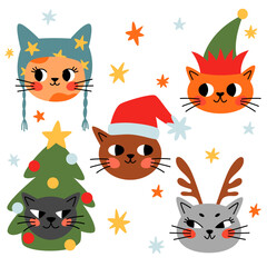 Set Christmas head cats. Collection cute kitten in Christmas costume. Happy new year elements. Vector winter cartoon illustration for print.