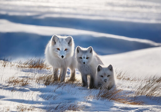 Polarfuchs, Schneefuchs oder Eisfuchs (Vulpes lagopus) Muttertier mit Jungen in Schneelandschaft