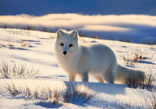 Polarfuchs, Schneefuchs oder Eisfuchs (Vulpes lagopus) 
Tier in Schneelandschaft 