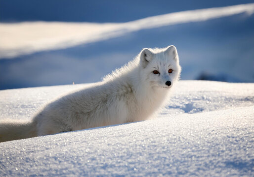 Polarfuchs, Schneefuchs oder Eisfuchs (Vulpes lagopus) 
Tier in Schneelandschaft 