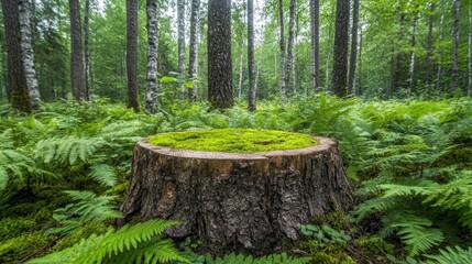 A freshly cut wooden stump covered in green moss and surrounded by lush ferns in a dense forest, peaceful atmosphere.