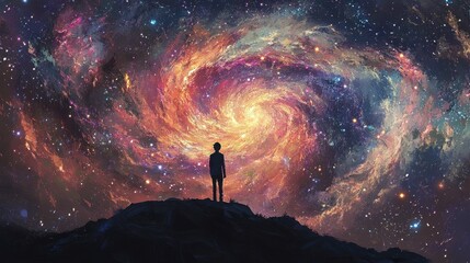 Fototapeta premium A stargazer standing atop a hill, gazing up at a sky teeming with stars and the swirling patterns of the galaxy.