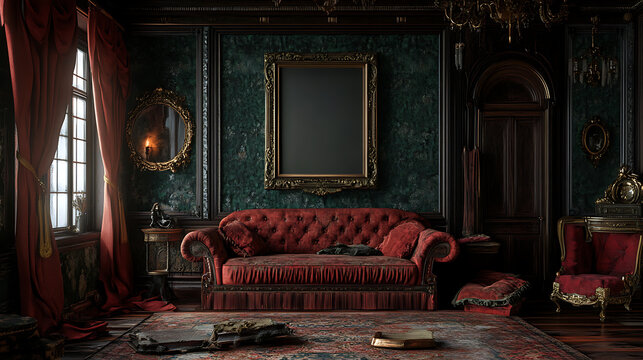 Fototapeta traditional colonial living room featuring luxurious red velvet sofa, ornate decor, and rich dark green wallpaper. empty picture frame adds touch of elegance and mystery