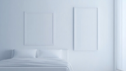 Fototapeta premium stylish minimal bedroom interior showcasing simple bed with white bedding and empty frames on walls, creating serene and tranquil atmosphere