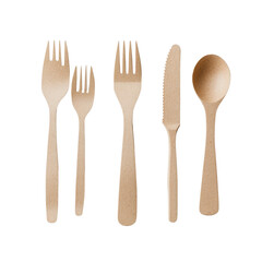 Eco-friendly cutlery set made of biodegradable materials on a white background.