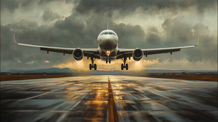 Naklejka premium Plane takeoff on a cloudy evening, dramatic sky and powerful ascent