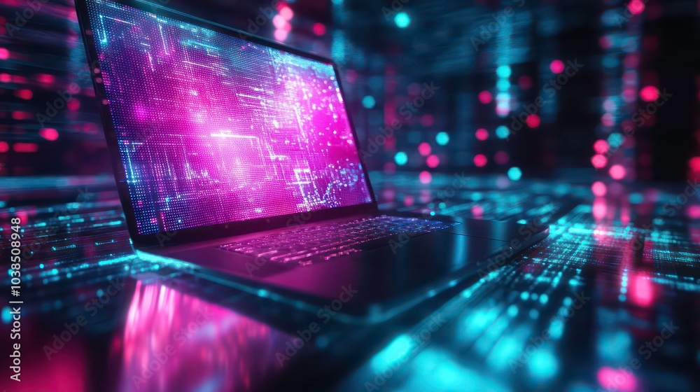 Poster a futuristic laptop with a glowing screen displaying digital data, set against a background of neon 