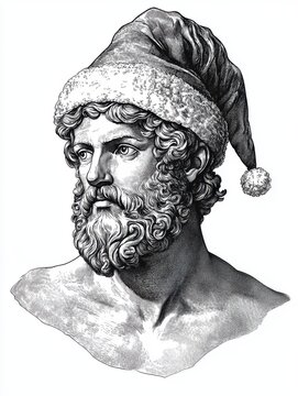 recommend clip art: Black and white Vintage engraved art of Hermes wearing a Christmas Santa hat, isolated on white background, ink sketch illustration, simple vector art design, highly detailed line art, high contrasty