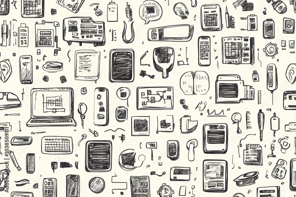 Leinwandbilder a collection of hand-drawn doodles illustrating technology items like computers, smartphones, and co
