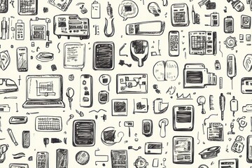 A collection of hand-drawn doodles illustrating technology items like computers, smartphones, and coding symbols in an artistic arrangement. Generative AI