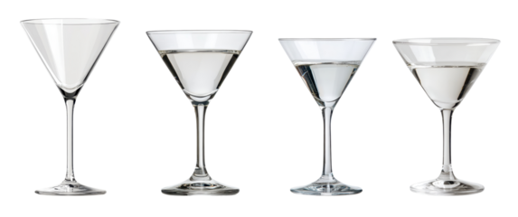 Four elegant cocktail glasses on a white isolate background.