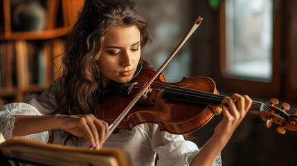 Fototapeta premium Young woman playing the violin with focus and concentration in a cozy room