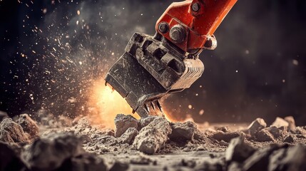 Naklejka premium A jackhammer at work, breaking rock into pieces, with debris flying, representing the raw power of industrial tools.