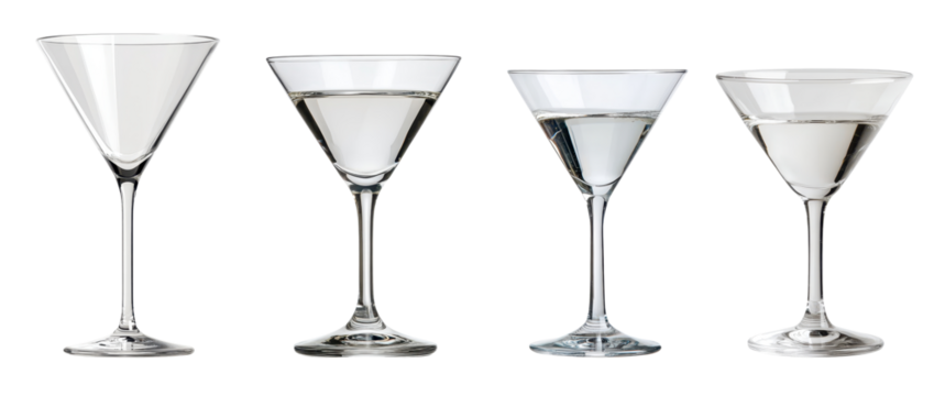 Four elegant cocktail glasses on a white isolate background.