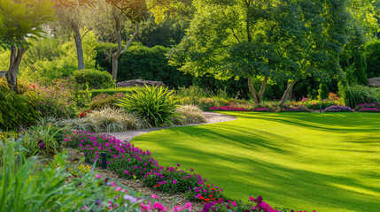 Naklejka premium Beautiful landscaped garden with vibrant flowers, lush greenery, and a well-maintained lawn