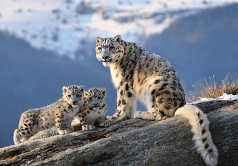 Schneeleopard, Irbis oder Unze (Panthera uncia) Muttertier mit Jungen 