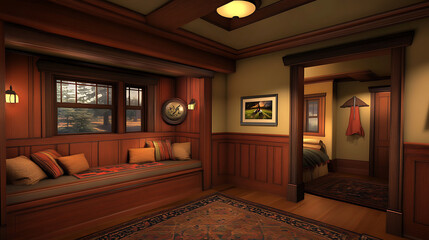 cozy Craftsman living room featuring reading nook with comfortable seating and warm wooden accents. inviting atmosphere is enhanced by soft lighting and decorative elements