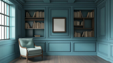 Fototapeta premium serene craftsman living room featuring cozy reading nook with comfortable chair and elegant bookshelves. calming blue walls create peaceful atmosphere perfect for relaxation