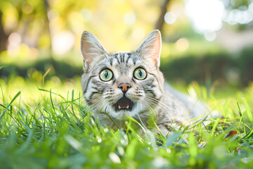 Surprised Tabby Cat in Grass,A curious tabby cat with wide, surprised eyes gazes upwards, surrounded by lush green grass