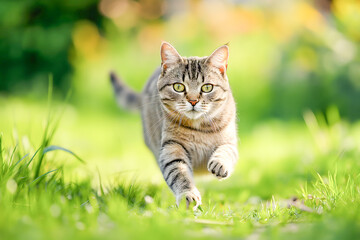 A playful tabby cat, full of energy, dashes across a lush green lawn with the warm glow of the setting sun illuminating its fur.