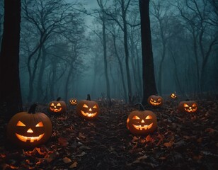 A haunted forest illuminated by a full moon, filled with glowing jack-o'-lanterns, eerie mist, and shadowy figures lurking between the trees, creating a spooky Halloween night atmosphere ex skeleton