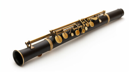 Naklejka premium Detailed close-up of a black clarinet, showcasing its keys and body, isolated on a white background.