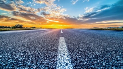 Naklejka premium A quiet, large asphalt road illuminated by the fading light of the day, with a breathtaking sunset and swirling clouds above