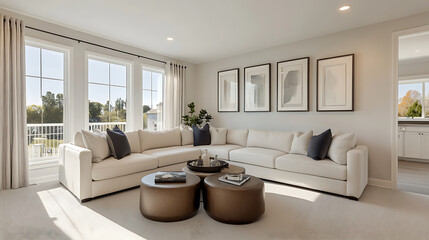 Modern living room featuring spacious sectional sofa, large windows, and stylish decor. bright space is perfect for relaxation and social gatherings, showcasing contemporary design aesthetic