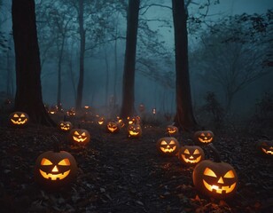 A haunted forest illuminated by a full moon, filled with glowing jack-o'-lanterns, eerie mist, and shadowy figures lurking between the trees, creating a spooky Halloween night atmosphere ex skeleton