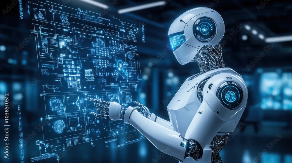 Poster a robot operates a holographic interface, manipulating digital elements in a high-tech environment, 