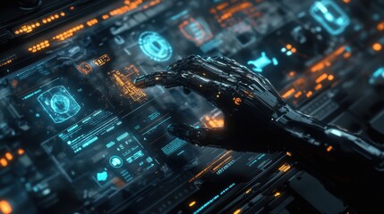 Fototapeta premium A robotic hand controlling a holographic interface, surrounded by glowing data and icons, symbolizing the future of technology.