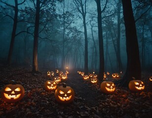 A haunted forest illuminated by a full moon, filled with glowing jack-o'-lanterns, eerie mist, and shadowy figures lurking between the trees, creating a spooky Halloween night atmosphere ex skeleton