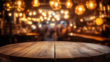 A round wooden table in focus, with a blur of a lively pub and bokeh lights in the background.