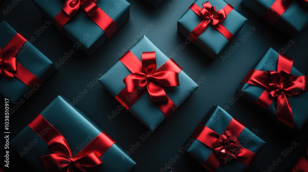 Poster colorful gift boxes adorned with bright red bows are arranged neatly, creating an inviting display f