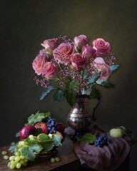 Still life with bouquet of pink roses and fruits