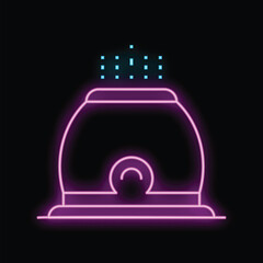Bright purple neon sign icon of a modern electric humidifier diffusing water vapor, for smart home advertisement
