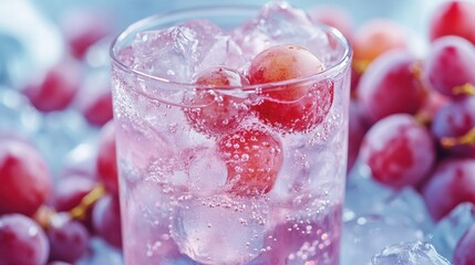 A sparkling pink drink with fresh grapes and ice, radiating coolness and refreshment, ideal for a hot day.