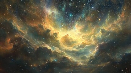 Fototapeta premium A vast night sky filled with twinkling stars and ethereal clouds drifting across the cosmic expanse, serene and dreamlike.