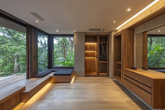 Interior of a modern home with parotta wood trim. Generative Ai