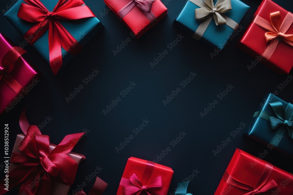 Poster Saturated gift boxes in vibrant colors featuring shiny bows create a festive atmosphere, inviting thoughts of joyful celebrations. Generative AI