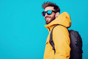 A stylish man with a beard smiles while wearing sunglasses, a bright yellow jacket, and a backpack. The vibrant blue background highlights the modern autumn look.