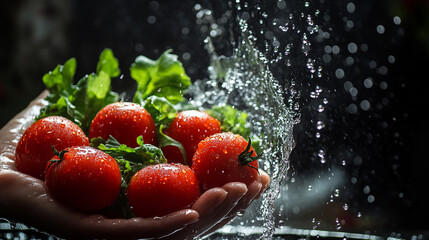 Freshly harvested tomatoes and greens being washed in hand under running water