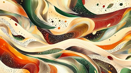 Abstract swirling pattern with vibrant green, orange, and beige colors.