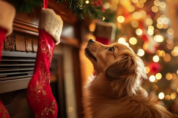 Festive dog by christmas stockings with holiday lights
