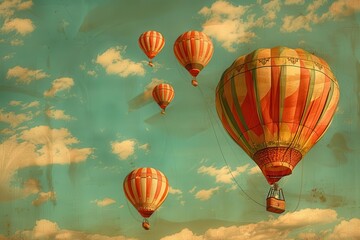 Fototapeta premium Vintage hot air balloons in a blue sky, vintage style, whimsical adventure