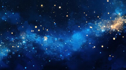 An evening sky with a rich blue tone, sprinkled with stars and the faint glow of the galaxy's core.