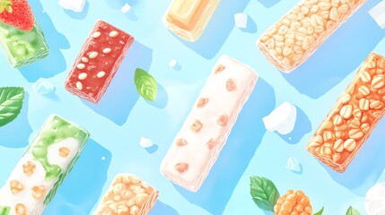 Colorful assortment of delicious ice cream bars on a blue background with mint leaves and ice.