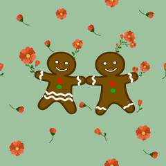 Gingerbread surrounded by red flowers seamless pattern vector illustration for wallpaper, textiles, bedding, background, and designg packaging