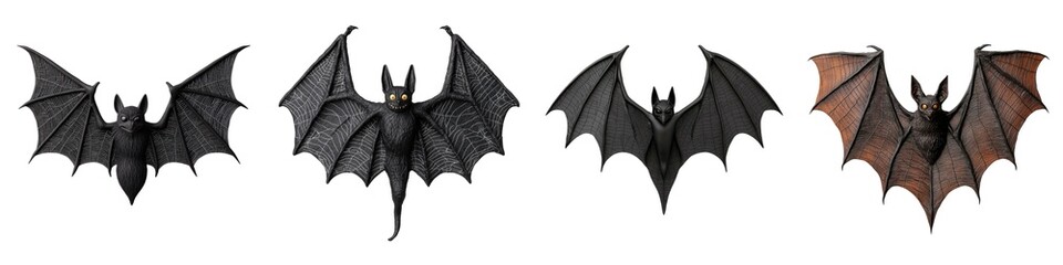 Naklejka premium Four stylized bats with detailed wings and varying colors, showcasing unique designs suitable for Halloween or decorative themes.