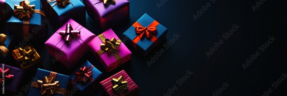 Poster a variety of vibrant gift boxes with bold bows are artistically arranged against a dark backdrop, cr